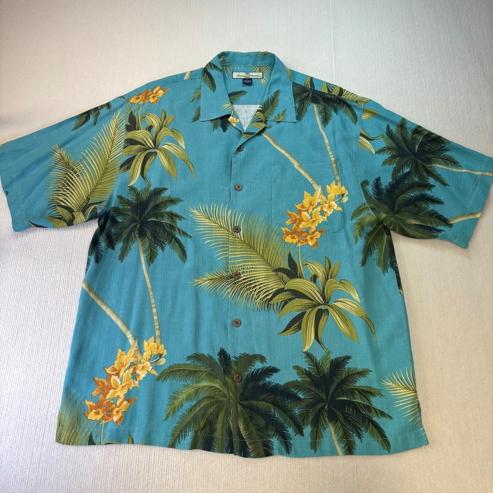 Tommy Bahama Relax Mens L Silk Button Down Shirt Blue Tropical Palm Tree Floral